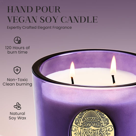 M&SENSE candle closeup showing dual wicks for even burn