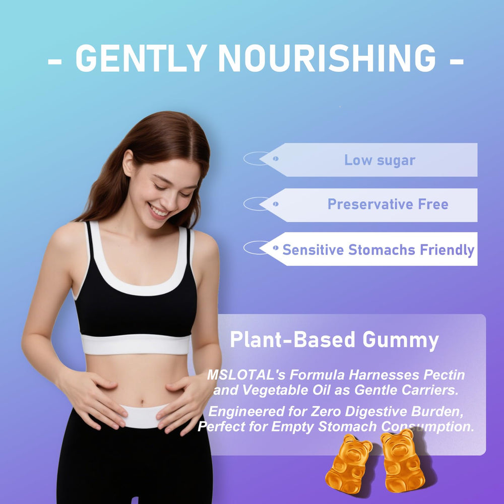 MSLOTAL Calcium Citrate Gummies closeup highlights tasty fruit flavor and high absorption potential.