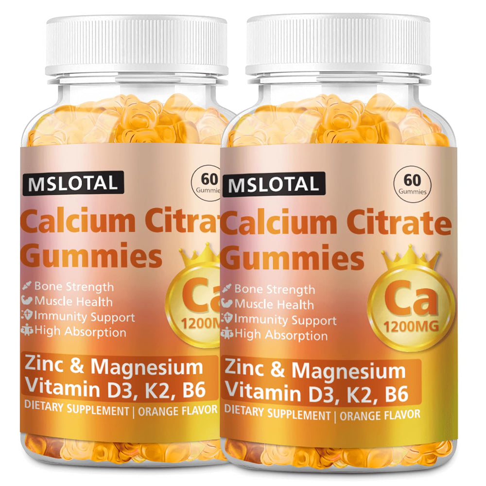 MSLOTAL Calcium Citrate Gummies orange bottle close-up highlighting easy-to-chew texture and high absorption.