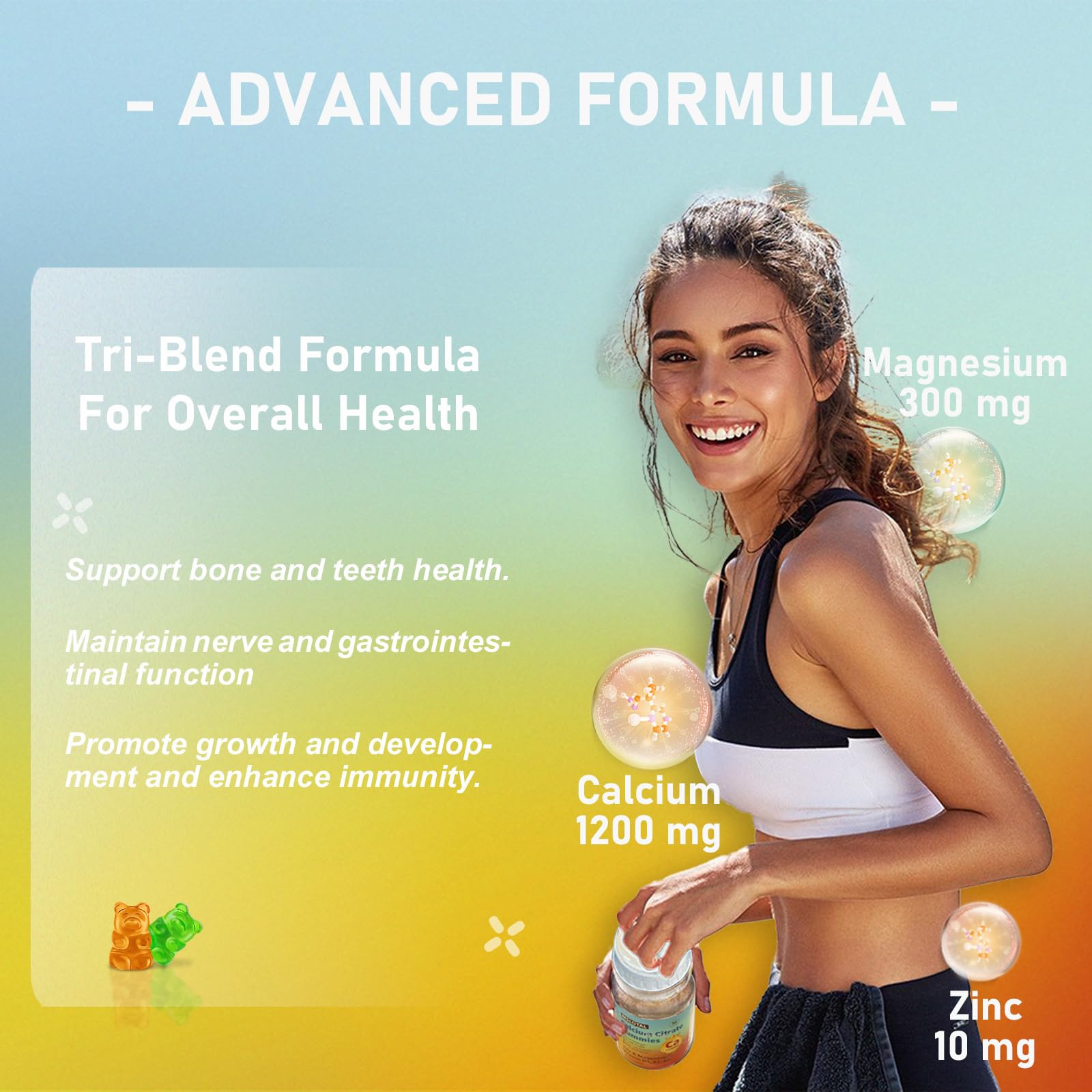 MSLOTAL Calcium Citrate Gummies orange label view featuring D3 and minerals for daily support.