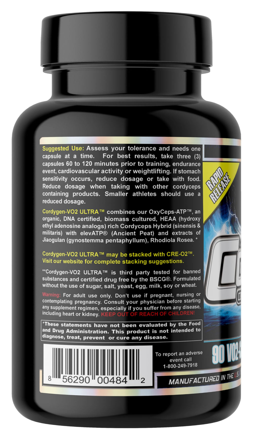 MST Cordygen VO2 Ultra packaging showing all-natural ingredients and BSCG certification