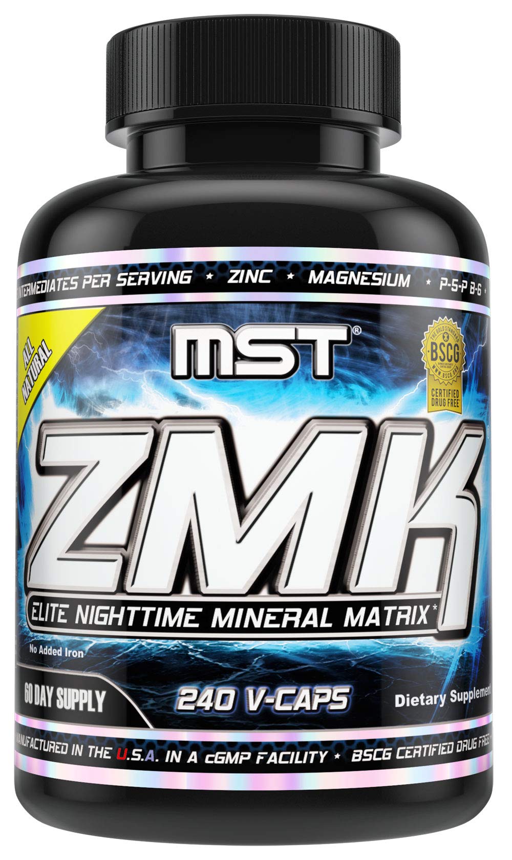 MST ZMK Nighttime bottle close-up showing zinc and magnesium for potential sleep support.