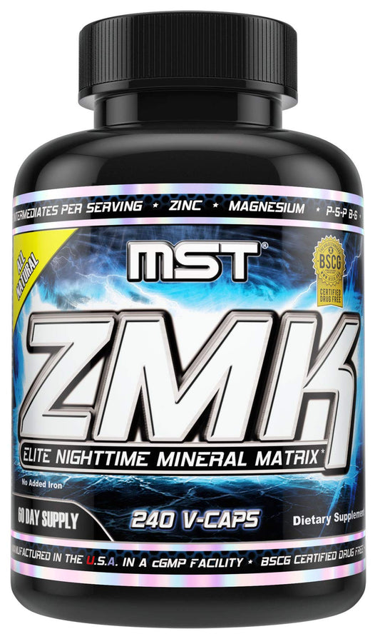 MST ZMK Nighttime bottle close-up showing zinc and magnesium for potential sleep support.