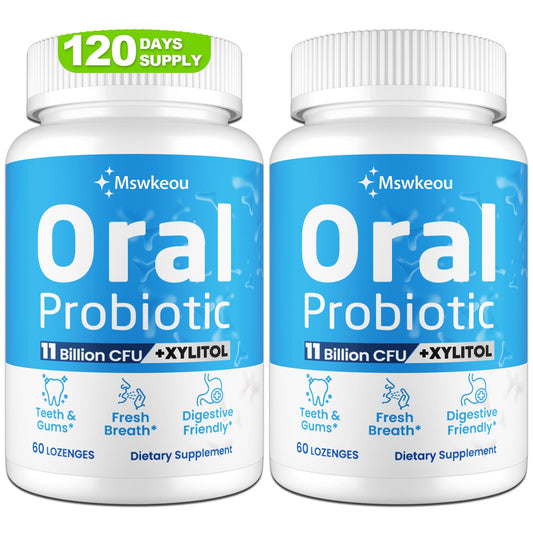 Mswkeou oral probiotics bottle front for fresher breath and oral wellness.