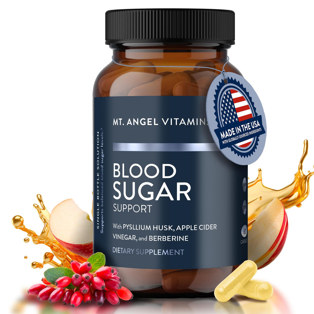 Mt. Angel Vitamins Blood Sugar Support bottle shown with capsules for daily use.