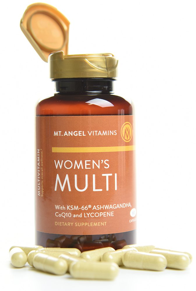 Mt Angel Vitamins bottle on mint background conveys premium quality for daily use.