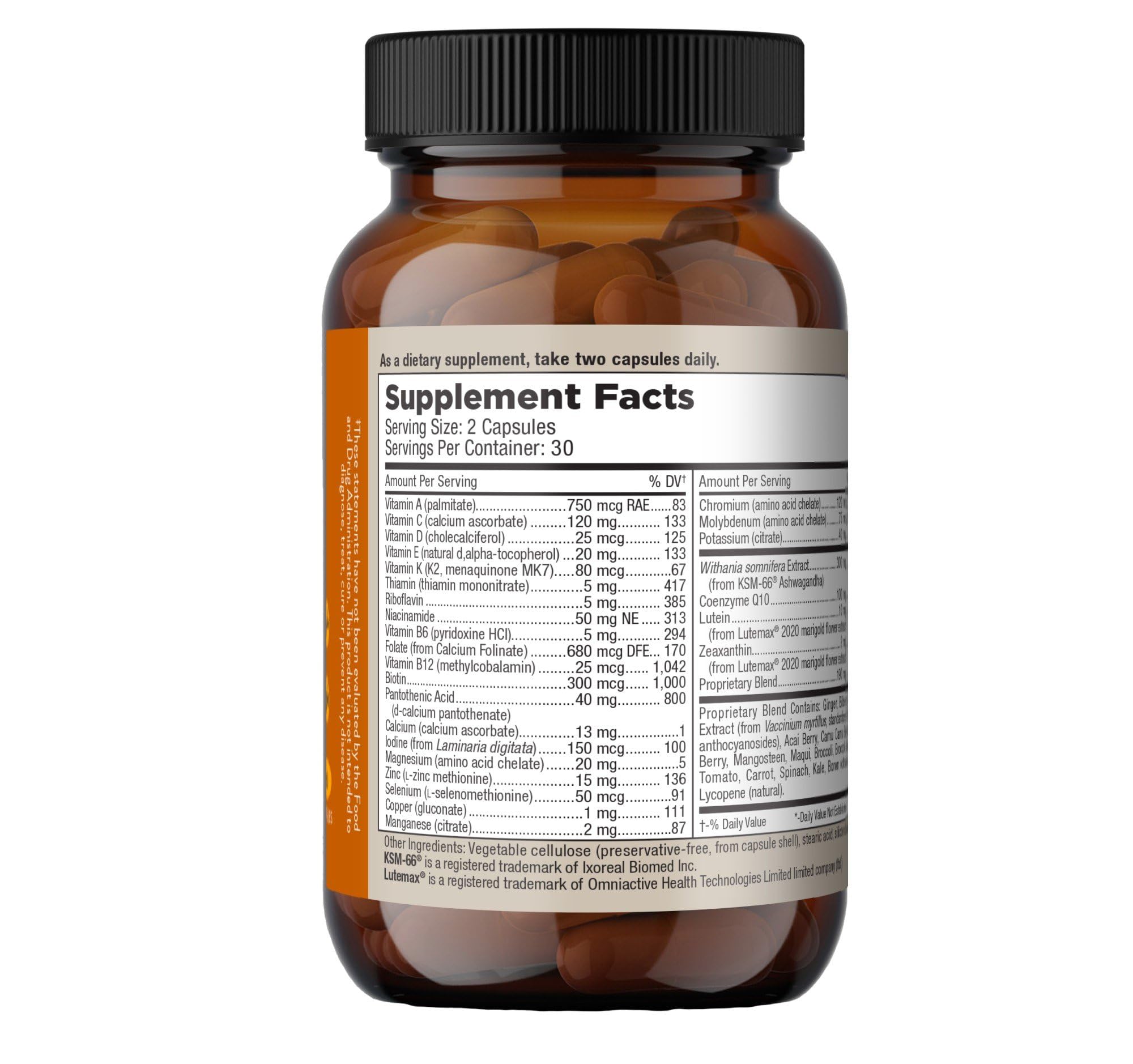 Mt. Angel Vitamins Daily Womens Multivitamin capsules closeup highlighting iron and calcium