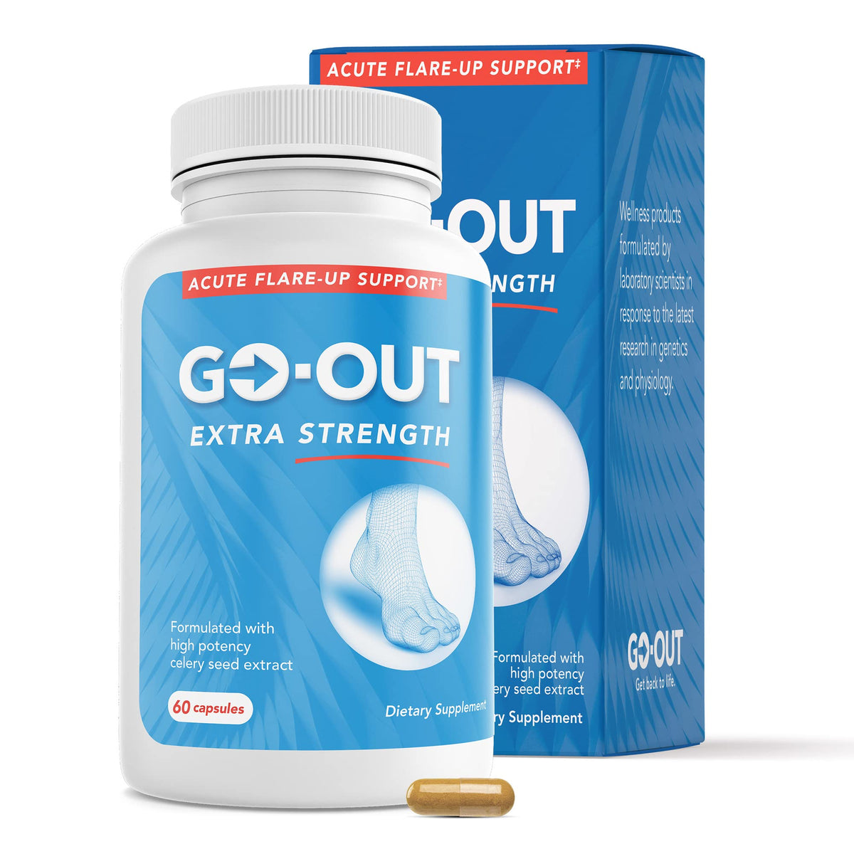 Mt. Angel Go Out Extra Strength bottle with capsules for uric acid balance support