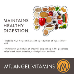 Mt. Angel Vitamins HCl Betaine bottle on kitchen counter for daily digestion routine