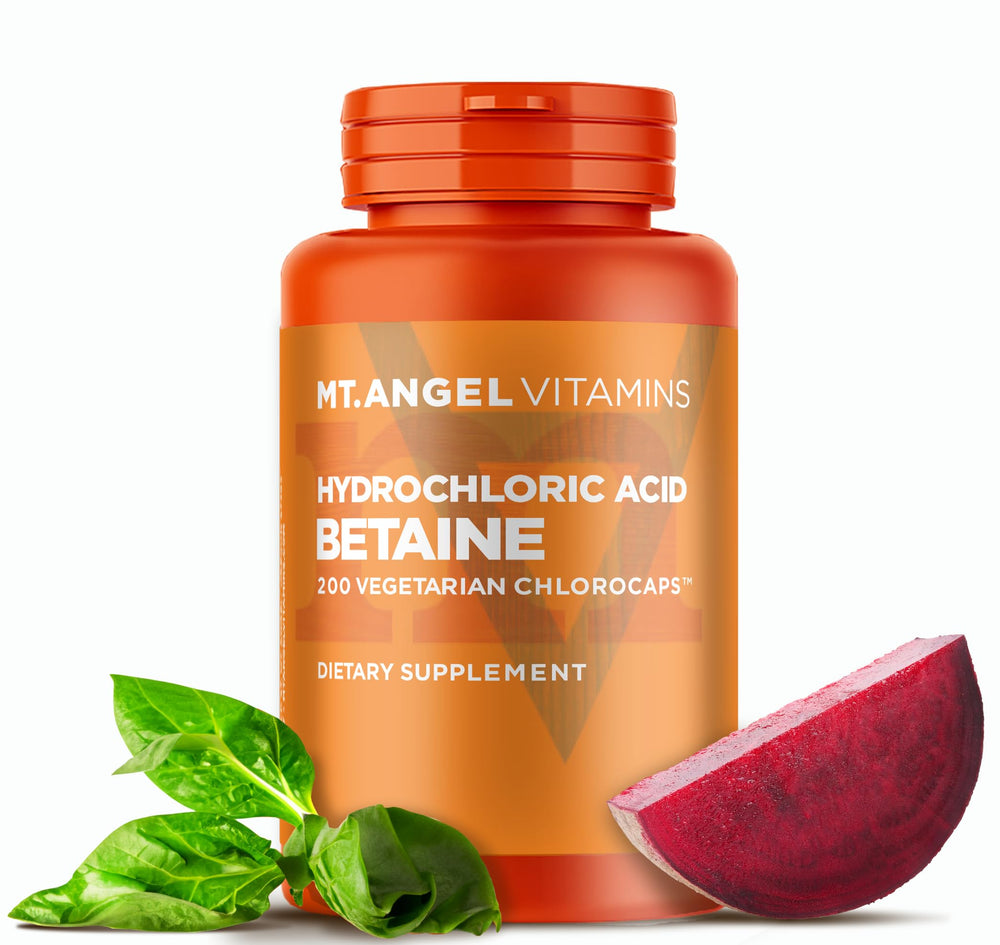 Mt. Angel Vitamins HCl Betaine bottle with easy-to-swallow capsules for digestion support.