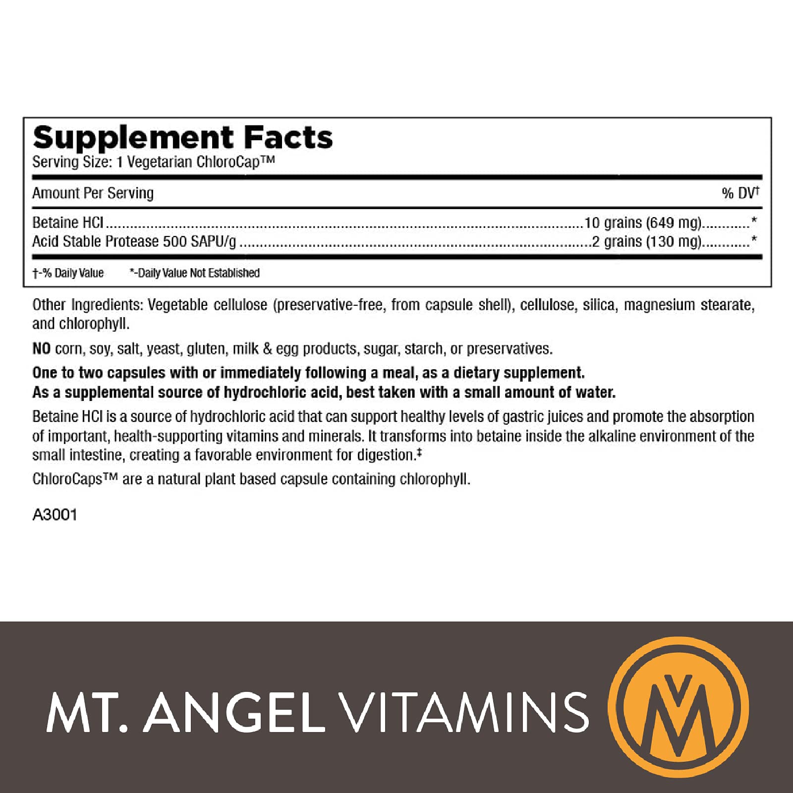Mt. Angel Vitamins HCl Betaine box highlighting non GMO and gluten free formula