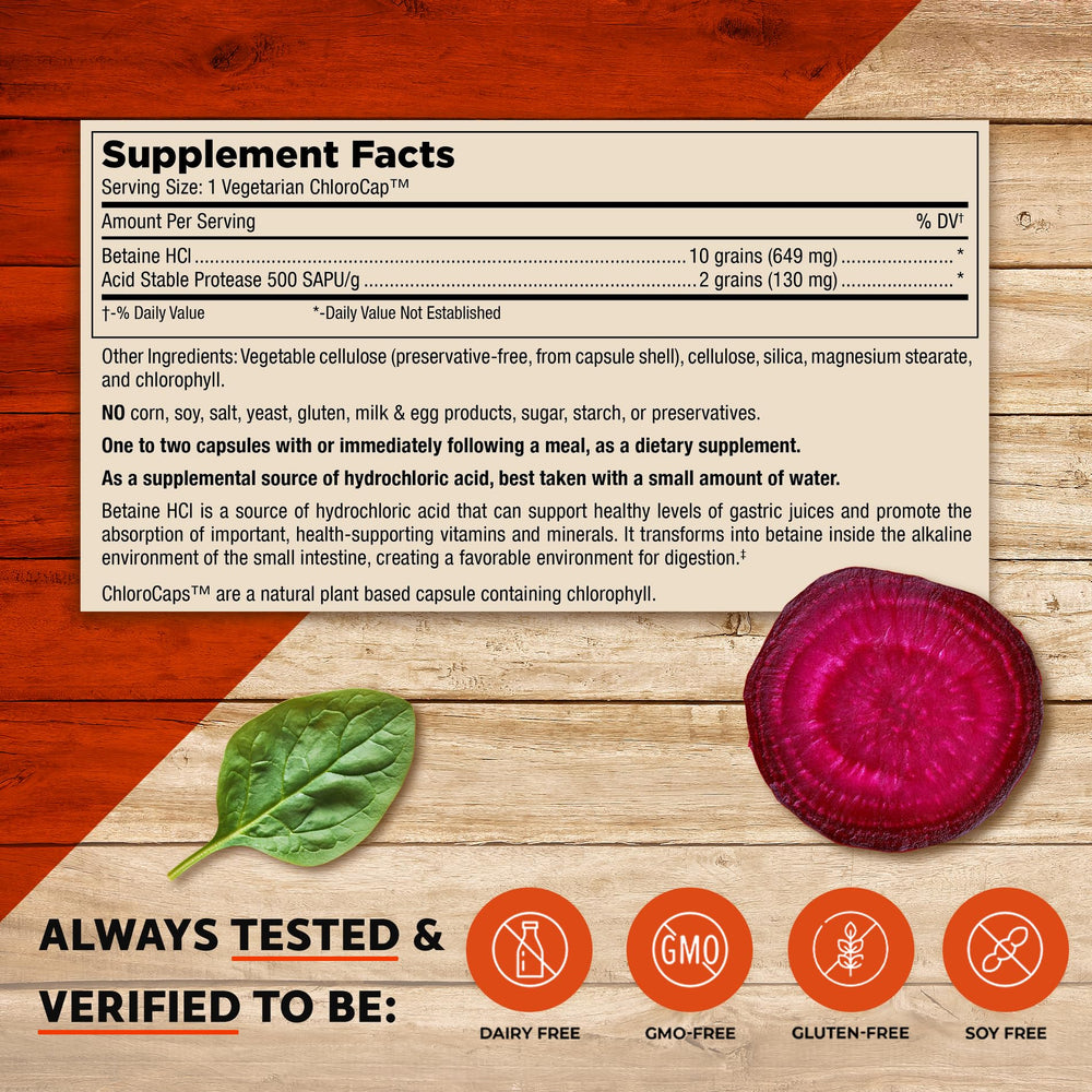 Mt. Angel Vitamins HCl Betaine capsules on label emphasize purity and quality.
