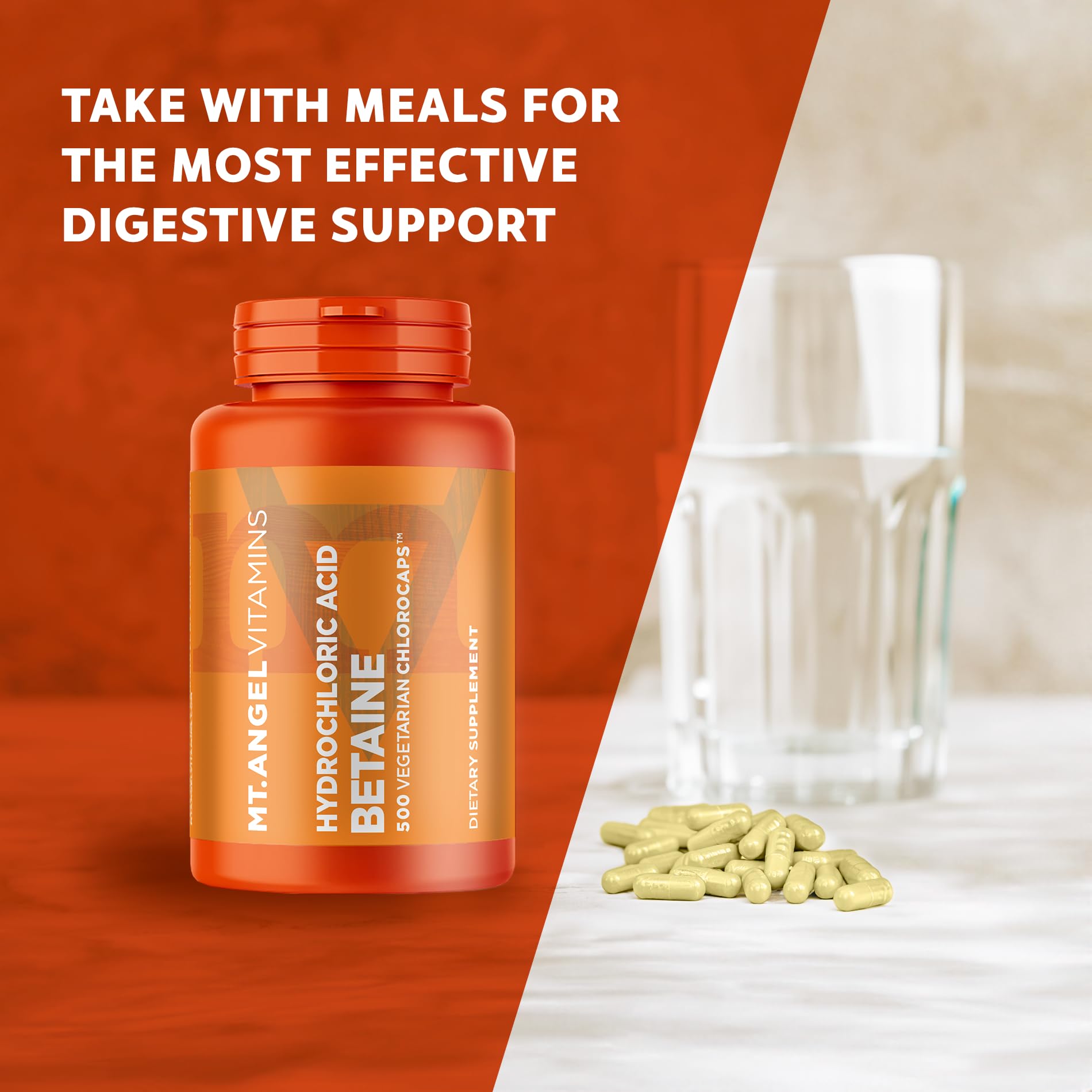 Mt. Angel Vitamins HCl Betaine non-GMO tag reflects a clean formulation.