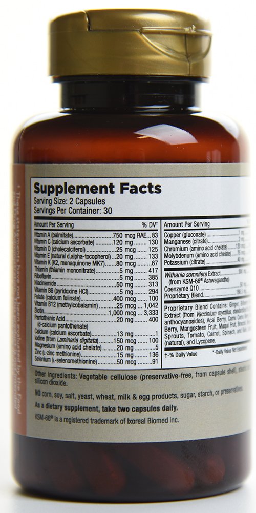 Mt Angel Vitamins KSM-66 Ashwagandha bottle emphasizes adaptogenic balance.