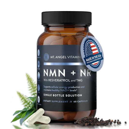 Mt. Angel NMN NR bottle highlighting dual NAD+ precursors for energy