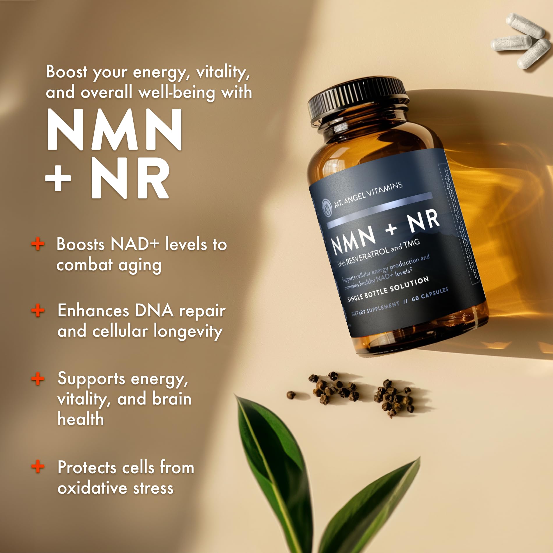 Mt. Angel NMN NR label emphasizing clean label ingredients