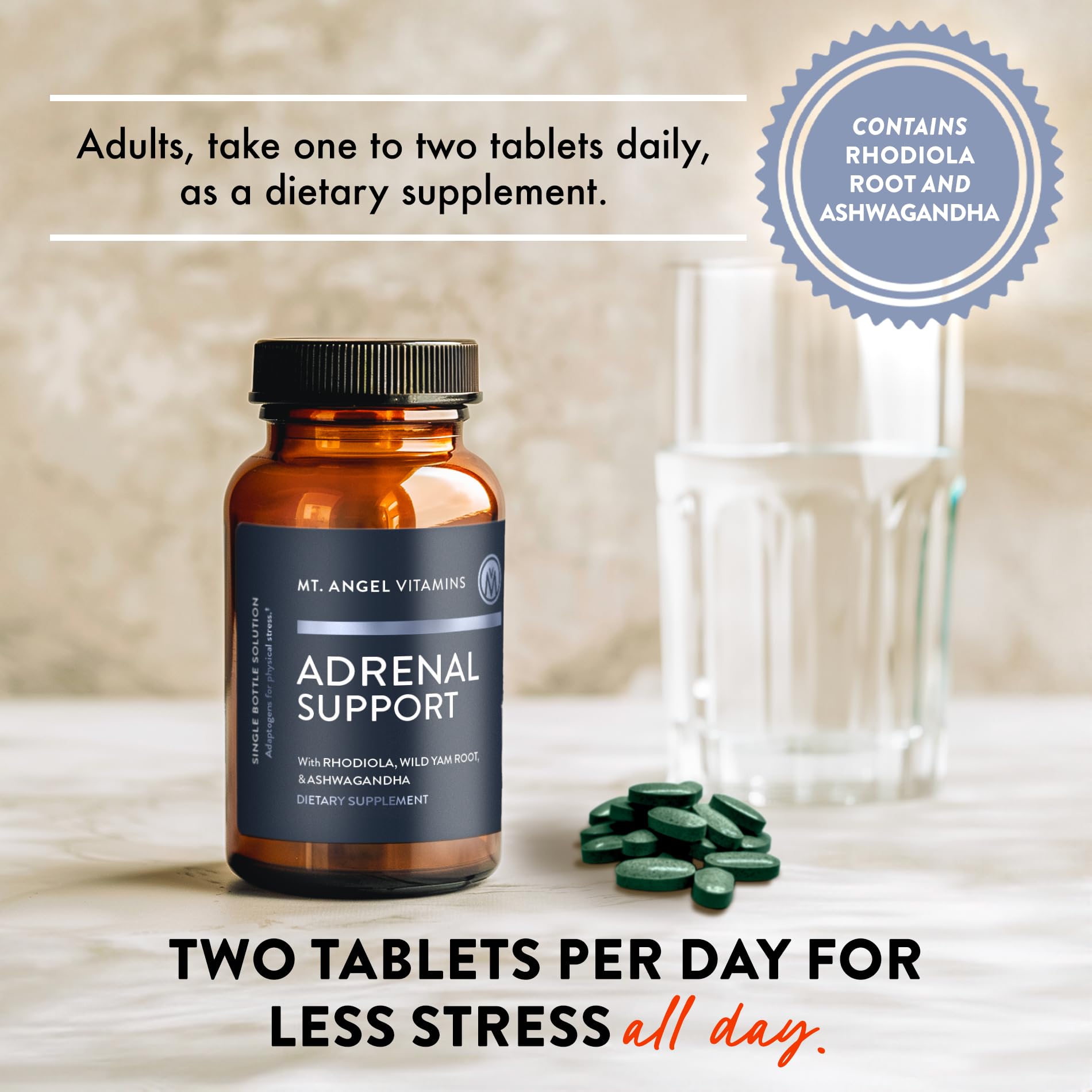 Packaging box of Mt. Angel Vitamins Adrenal Support ready for daily routine.