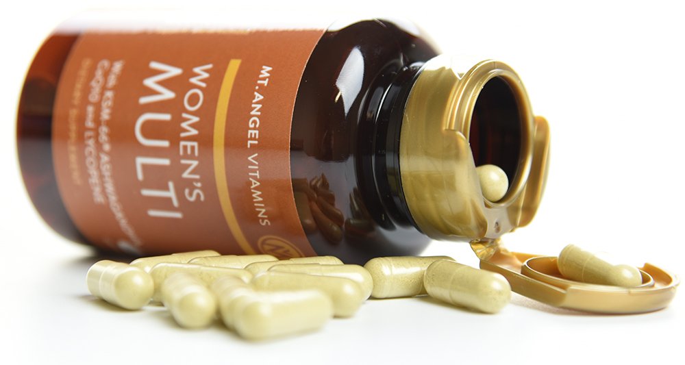 Mt Angel Vitamins proprietary herbal blend bottle suggests targeted women's wellness support.
