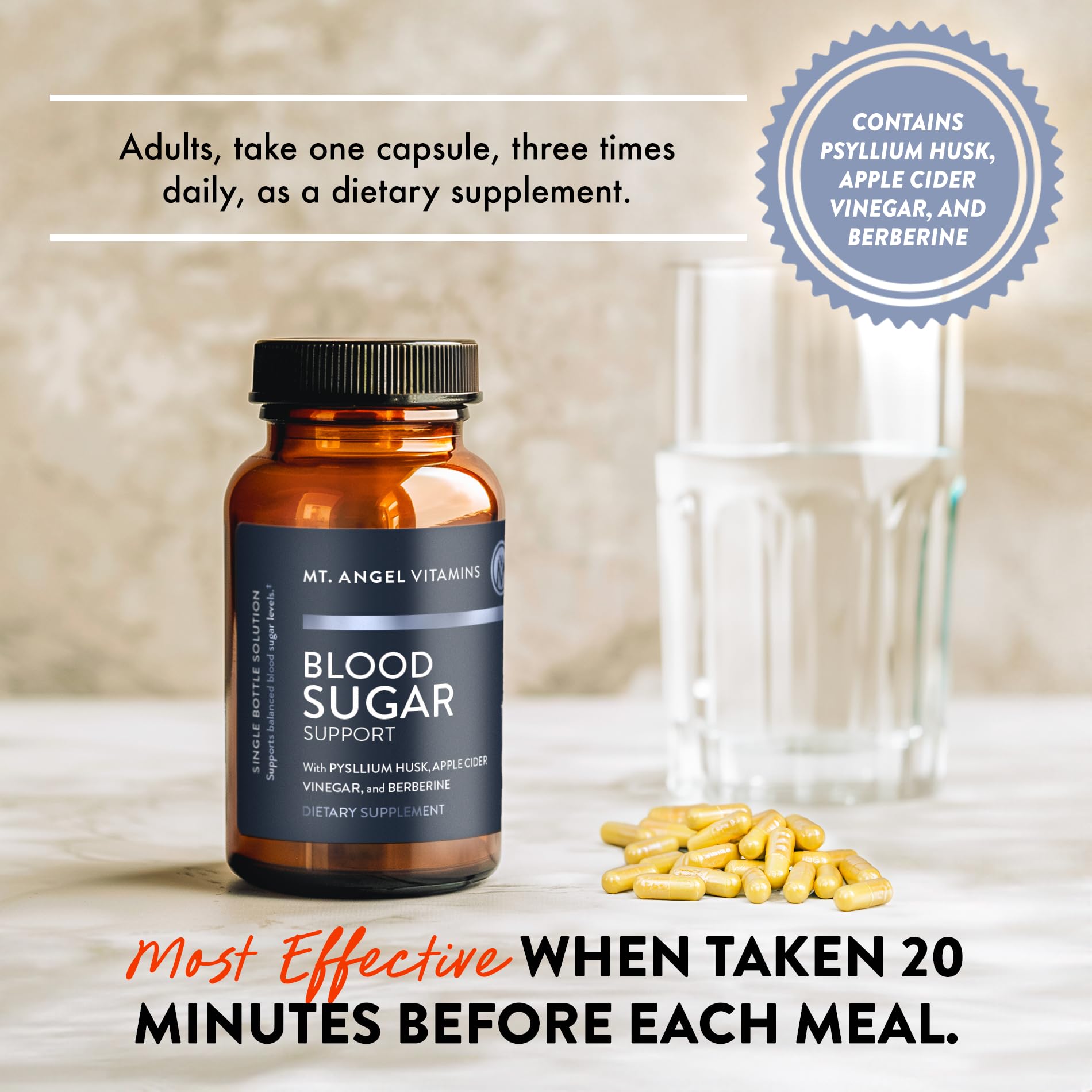 Mt. Angel Vitamins vegan-friendly non-GMO gluten-free badge on pack signals purity.