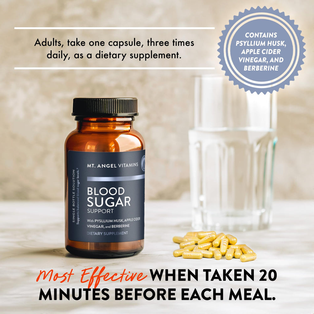 Mt. Angel Vitamins vegan-friendly non-GMO gluten-free badge on pack signals purity.