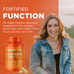 Mt. Angel Zinc Quercetin bottle label detail highlights 500 mg Quercetin.