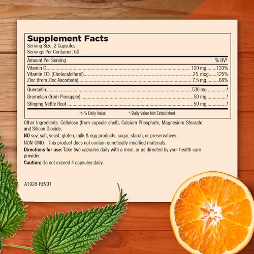 Mt. Angel Zinc Quercetin capsules closeup shows easy-to-swallow form.