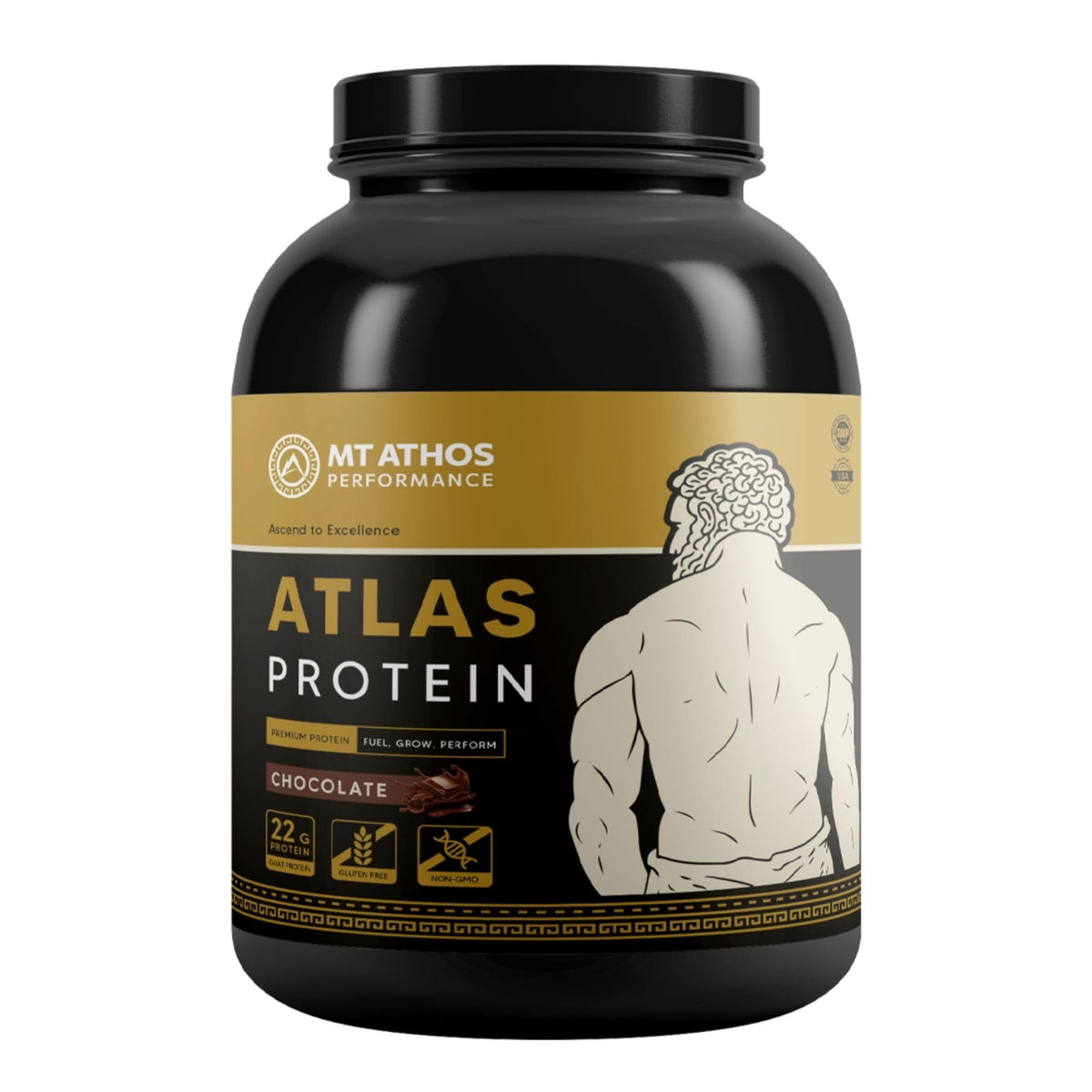 Mt. Athos Atlas packaging showing chocolate protein powder with clean formula for steady protein intake