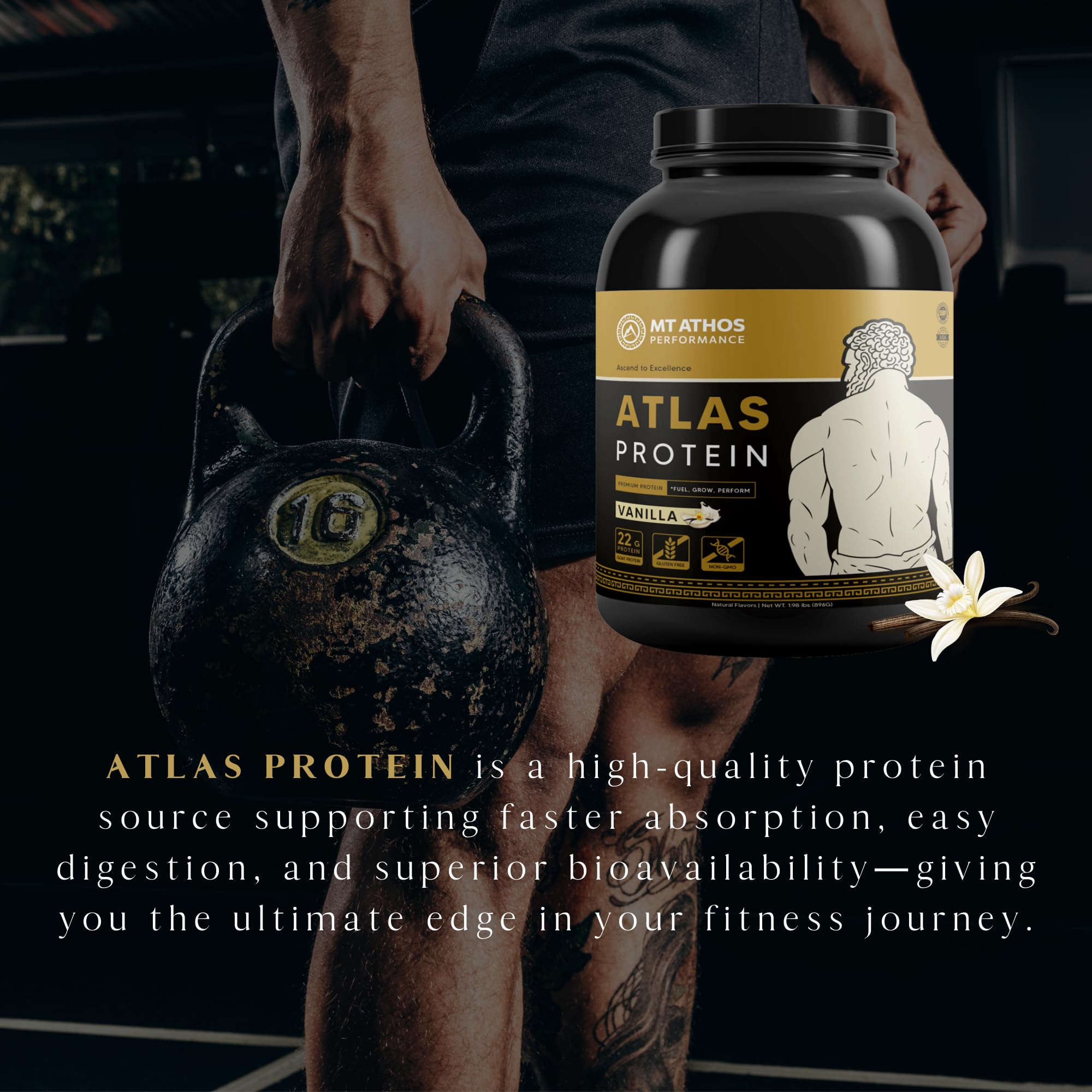 Mt. Athos Performance Atlas Vanilla Protein Powder athlete-use lifestyle shot.