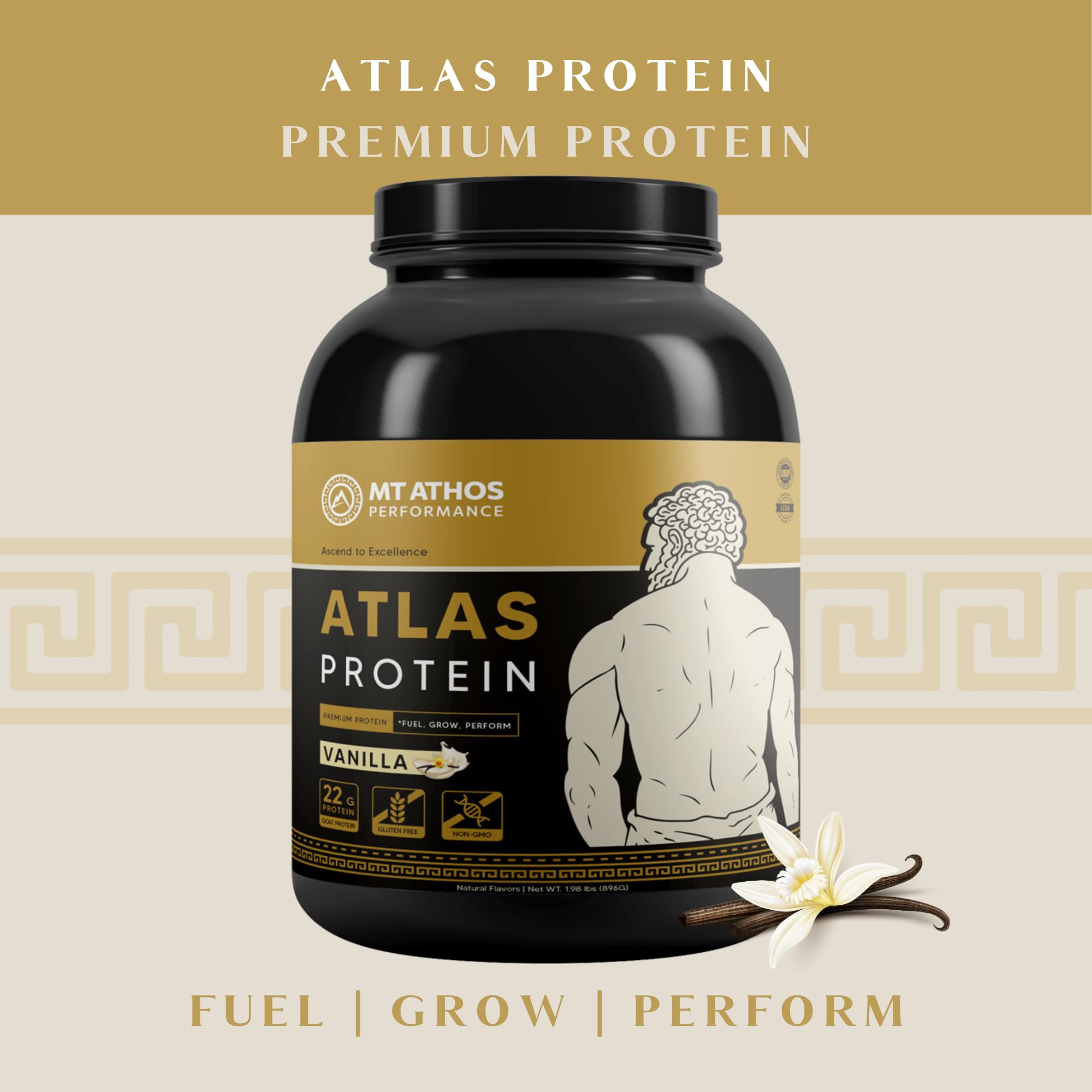 Mt. Athos Performance Atlas Vanilla Protein Powder ingredients shot highlighting goat milk and casein.