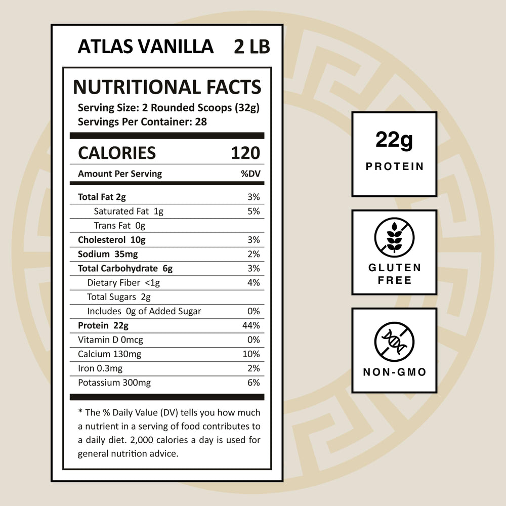 Mt. Athos Performance Atlas Vanilla Protein Powder scoop image, convenient 2-scoop serving for daily protein.