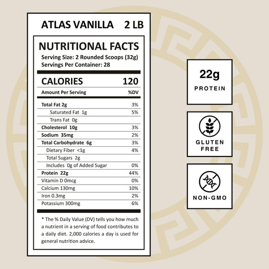 Mt. Athos Performance Atlas Vanilla Protein Powder scoop image, convenient 2-scoop serving for daily protein.