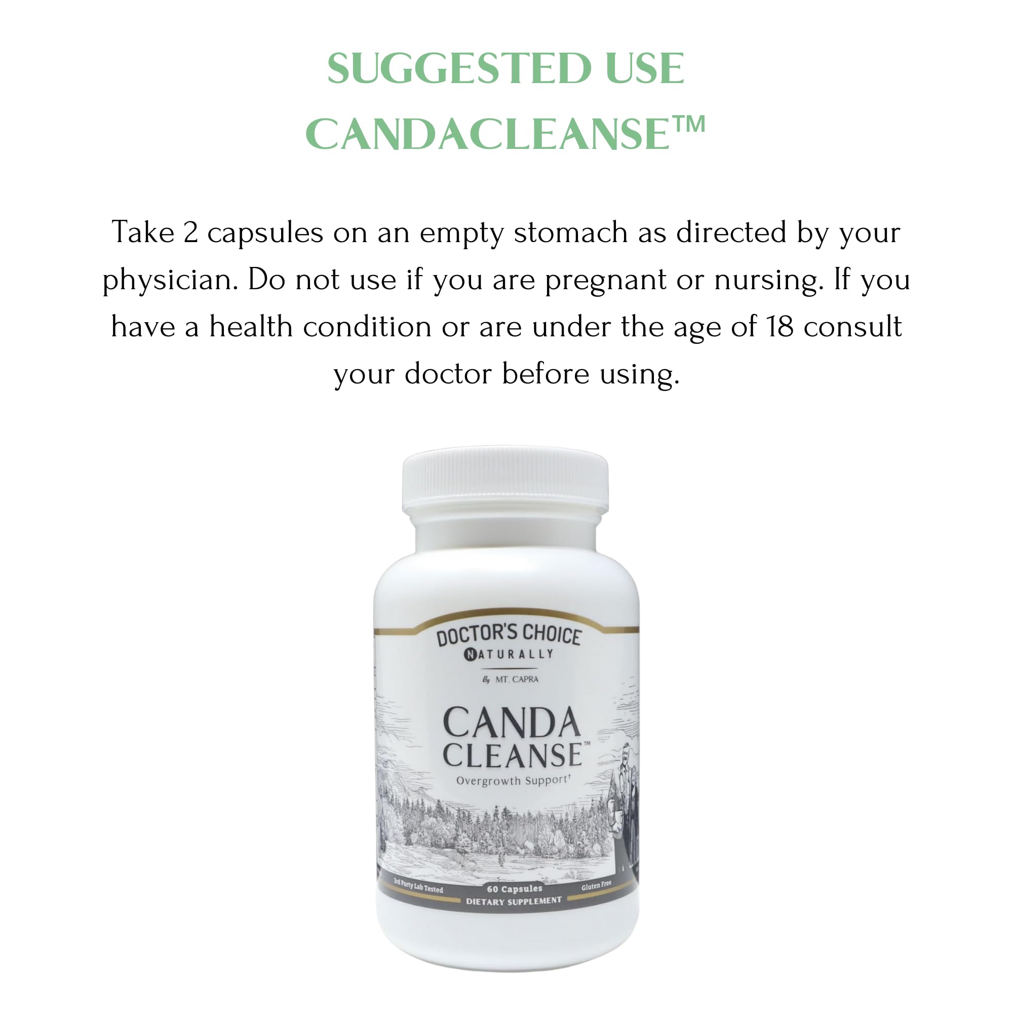 Mt. Capra CandaCleanse packaging closeup emphasizes daily use and capsule count