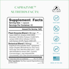 CapraZyme bottle label close up showing key ingredients and features