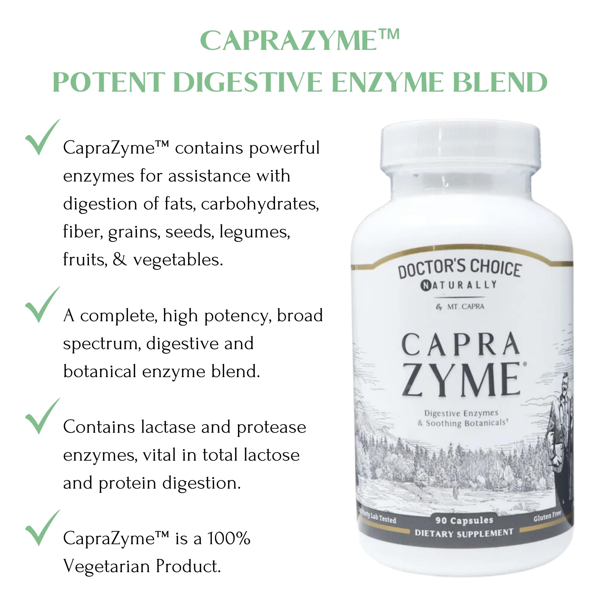 CapraZyme capsules close up highlighting vegetarian enzyme source