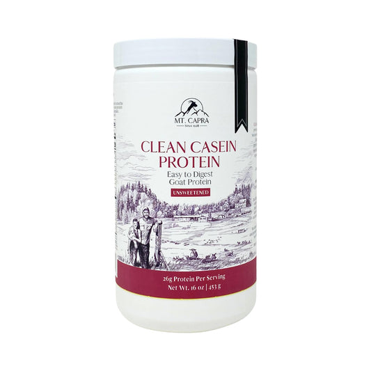 Mt Capra Clean Casein packaging label on jar showing unsweetened formula