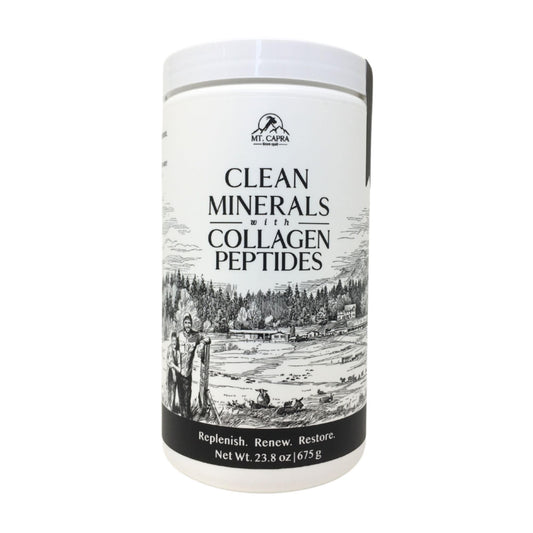 Mt Capra Clean Minerals bottle with unflavored powder and protein boost.