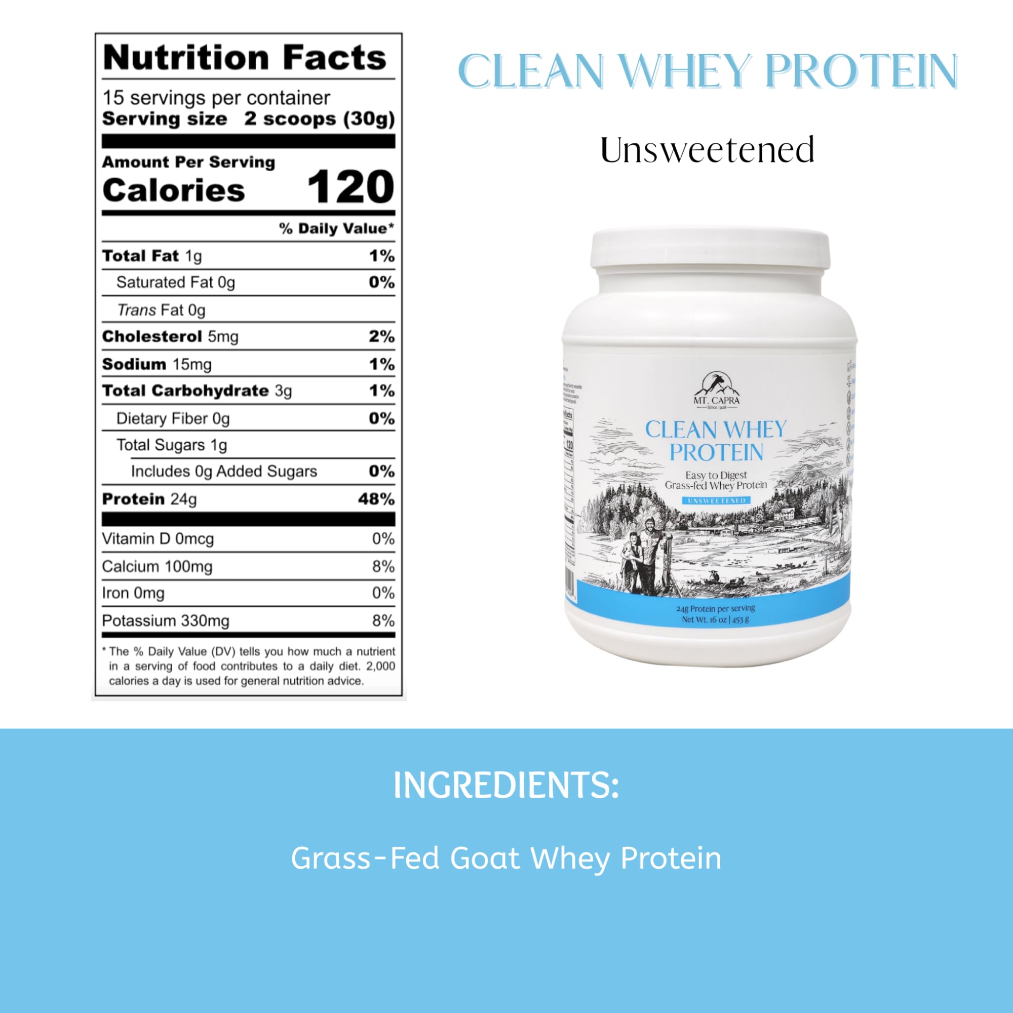 Mt. Capra Clean Whey powder jar shows single-ingredient goat whey for clean nutrition.