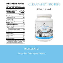 Mt. Capra Clean Whey powder jar shows single-ingredient goat whey for clean nutrition.