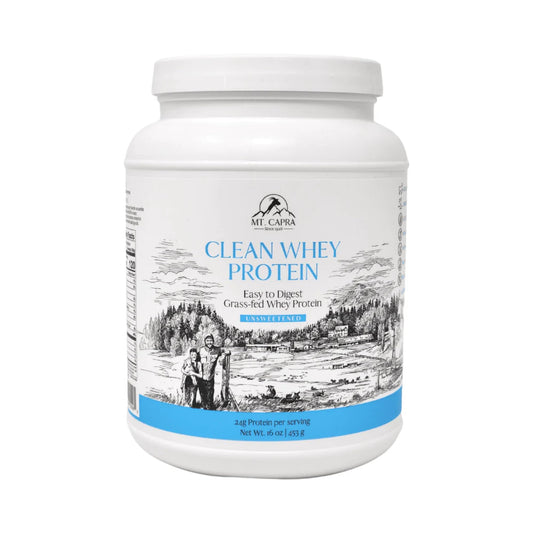 Mt. Capra Clean Whey protein bottle highlights grass-fed formula for smoother digestion.