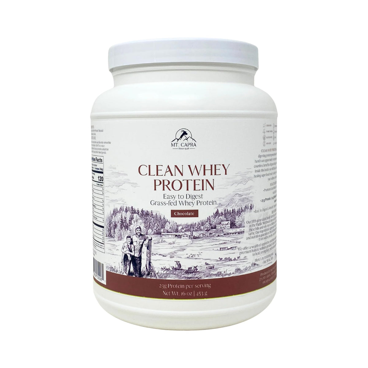 Mt. Capra Clean Whey Protein chocolate 1lb packaging emphasizes grass-fed undenatured whey.