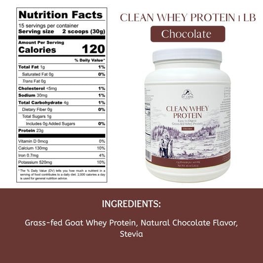 Mt. Capra Clean Whey Protein chocolate scoop for convenient 23 g servings.