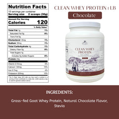 Mt. Capra Clean Whey Protein chocolate scoop for convenient 23 g servings.