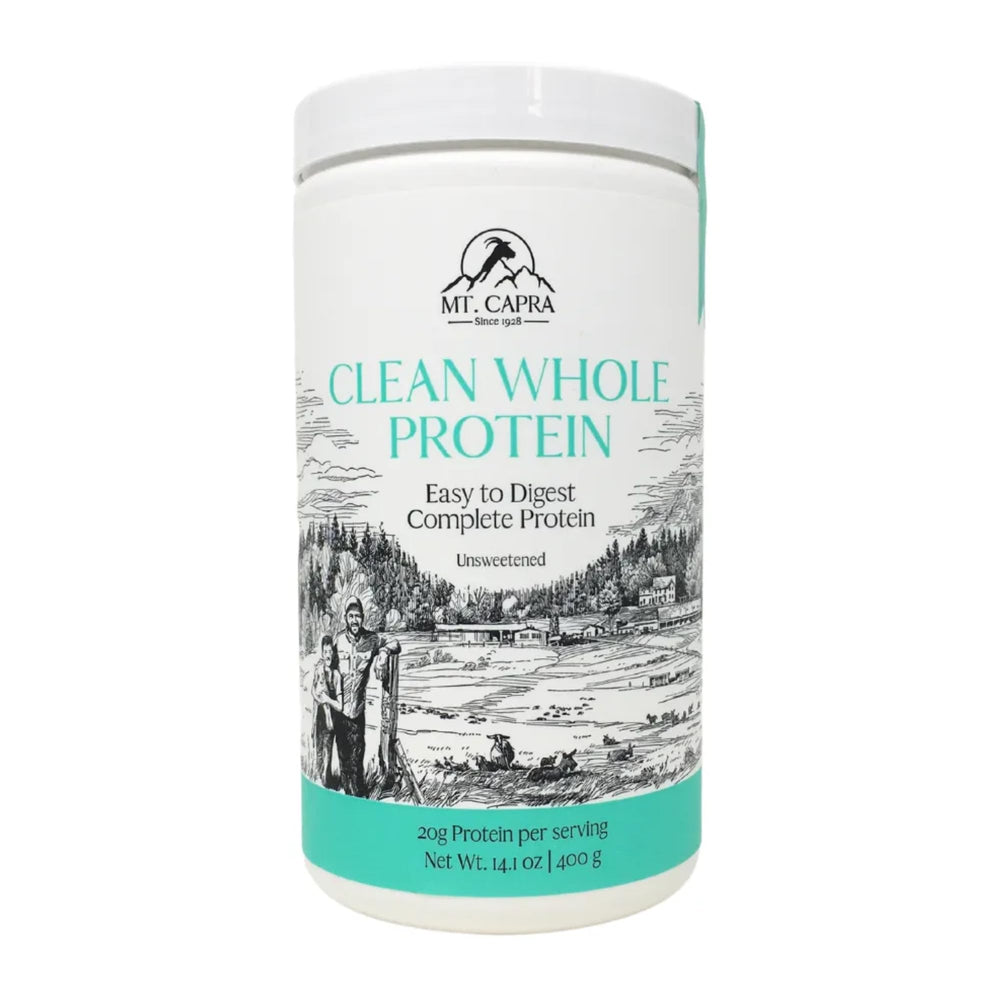 Mt Capra Clean Whole Protein bag front highlights a simple, single-ingredient formula.