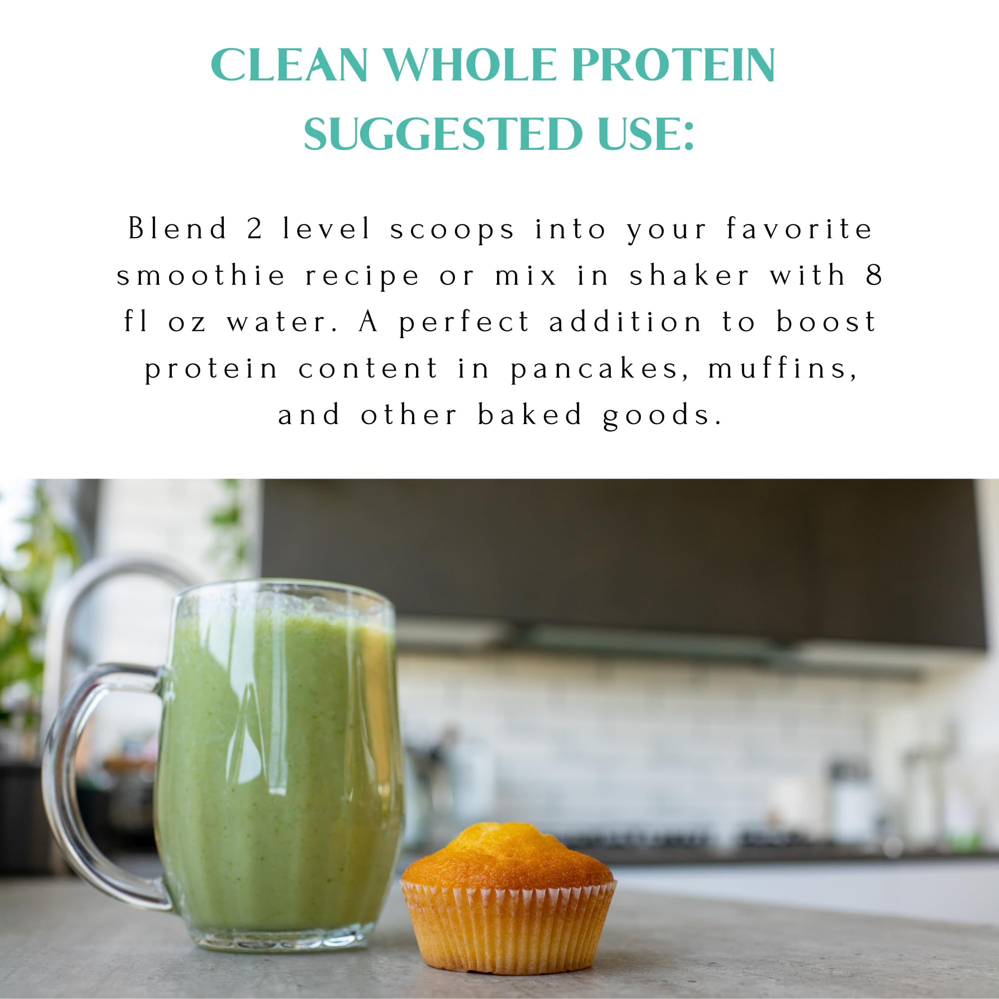 Mt Capra Clean Whole Protein scoop close-up highlights convenient 13-serving size.