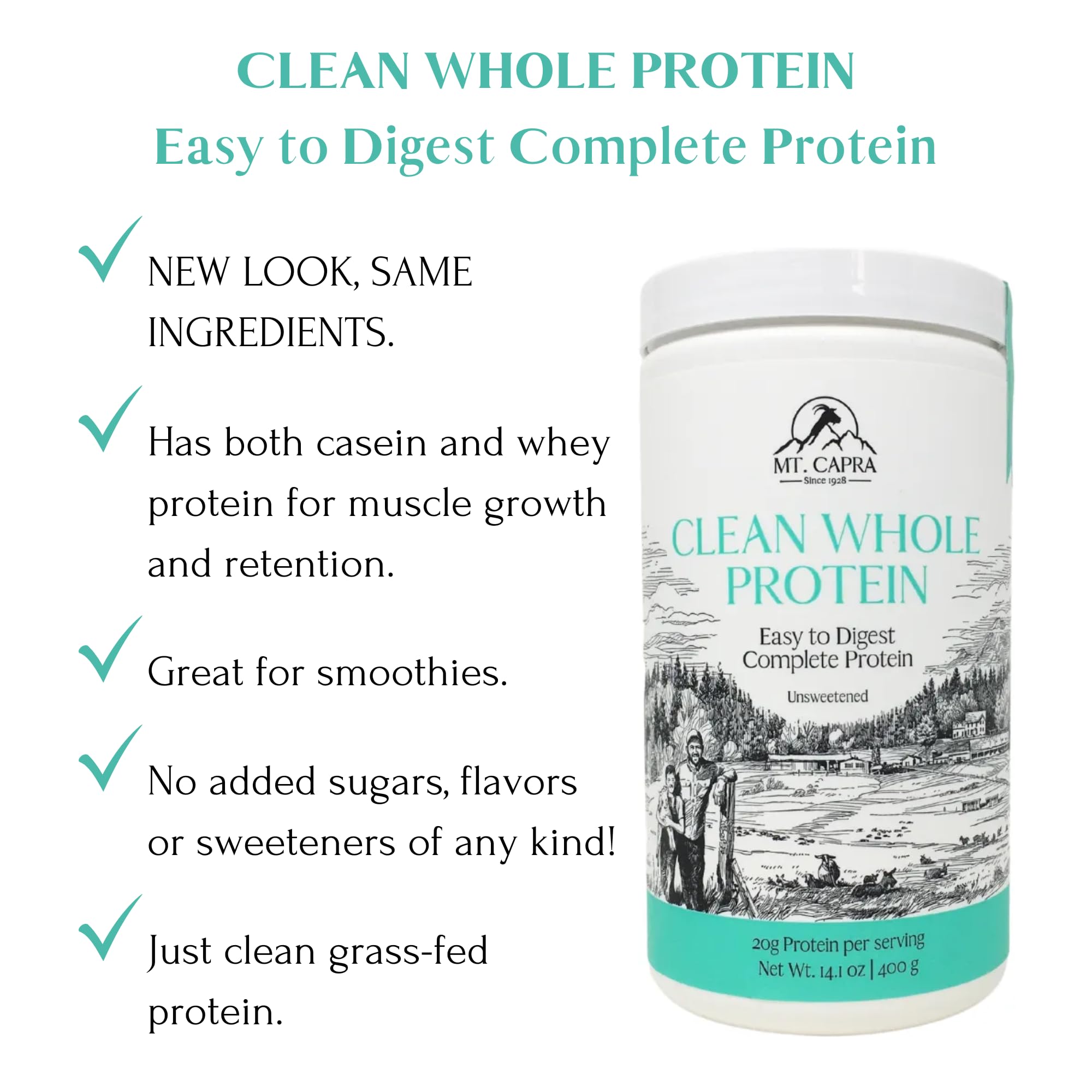 Mt Capra Clean Whole Protein serving pour demonstrates easy mixing for smoothies.