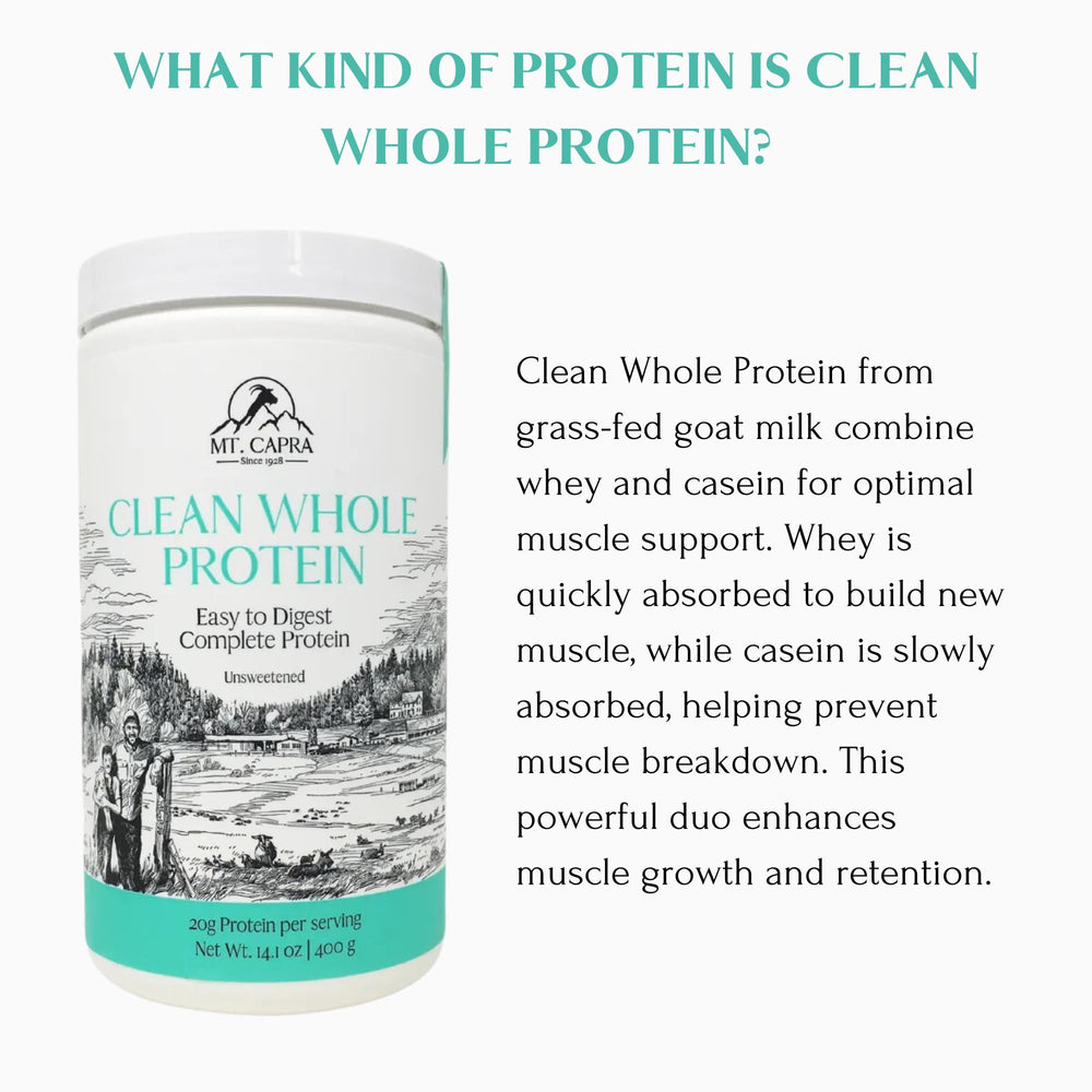 Mt Capra Clean Whole Protein smoothie with berries showcases versatile post-workout option.