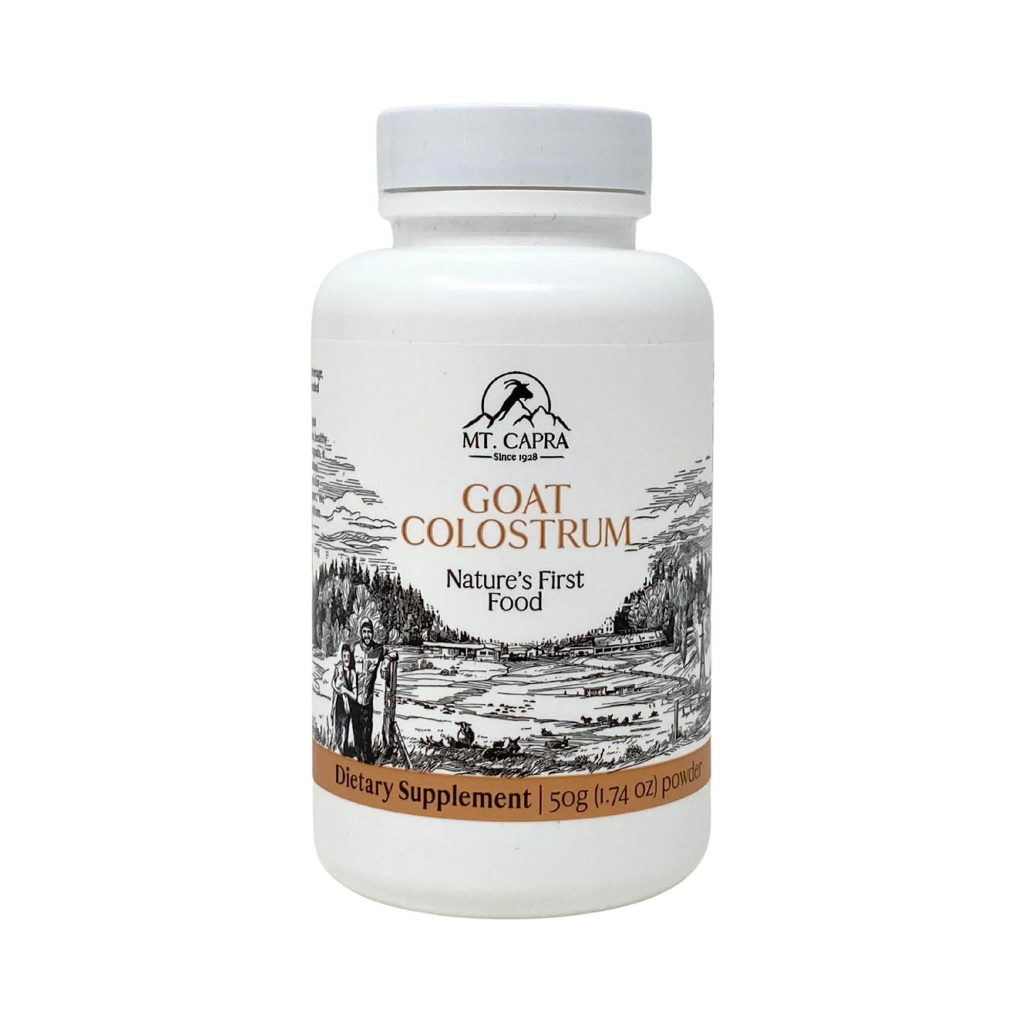 Mt Capra Goat Colostrum bottle shows a clean grass-fed formula for daily immune support.