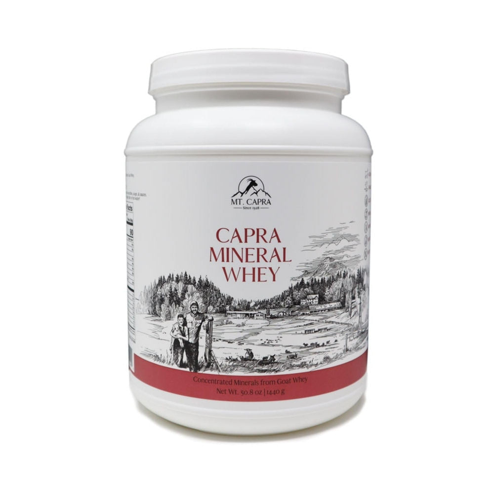 Mt Capra Mineral Whey bottle front showing alkaline mineral blend for hydration