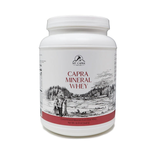 Mt Capra Mineral Whey bottle front showing alkaline mineral blend for hydration