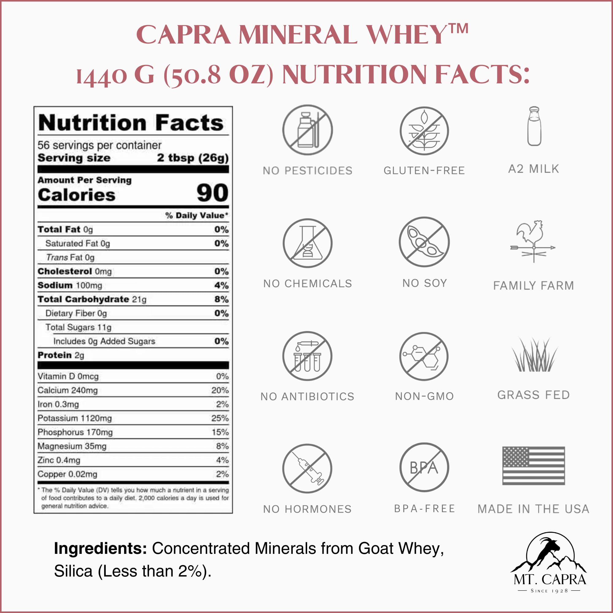 Mt Capra Mineral Whey powder scoop beside a glass ready to mix